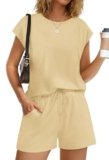WIHOLL Summer Outfits for Women Two Piece 2026 Vacation Trendy Lounge Sets Crew Neck Matching Sets Women’s Clothing Cap Sleeve Pants Set Cruise Travel Airport Sweat Set Yellow XL
