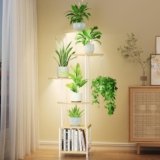 Homsorout Plant Stand Indoor with Grow Light, 6-Tiered Tall Plant Stand Indoor, Metal Plant Shelf with Hanging Basket Hook and Adjustable Light, Ideal for Living Room, Garden, Patio, （Maple）
