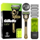 GilletteLabs Rasoio A Mano Libera Con Barra Esfoliante Champion Gold Edition, 1 Manico + 5 Lamette Di Ricambio, Include Un Gancio Da Parete E Una Custodia Da Viaggio