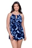 Aqua Green Women’s Keyhole Neckline Adjustable Coverage Slimming Swimdress, Chic Tie Dye, Small