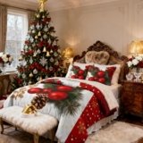 CCoutueChen White Red Christmas Comforter Set King Size,3Pcs Farmhouse Hoilday Festival Bedding Set, Quilted Decor Comforter with 2 Pillowcases,104″x90″