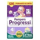 Pampers Progressi Maxi, Taglia 4 (7-18 kg), Formato Scorta, Indicatore di Bagnato, Pelli Delicate, Linguette Rinforzate, Anti-Fuoriuscite, 126 Pannolini Bambino + 500 Punti Omaggio