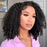 Kinky Curly Half Wig Human Hair 180 Density Glueless Wig with Drawstring 3 In 1 Seamless Clip Ins Flip Over Half Wigs Invisible Hairline Glueless Wear and Go Headband Wigs for Women 14 Inch