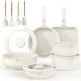 YASHE Set di pentole e padelle da 21 pezzi, set da cucina antiaderente con manici rimovibili e coperchi in vetro, compatibile con induzione, adatto per forno, impilabile, colore bianco