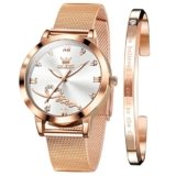 OLEVS Womens Watches Rose Gold Mesh Strap Fashion Dress Quartz Waterproof Luminous Watches for Women Bracelet Sets White Face