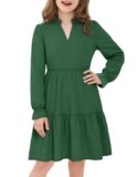 JiAmy Girls Fall Dress Long Sleeve V Neck Fashion Casual Loose Flowy Swing Tiered Dress with Pockets Green 9-10 Years