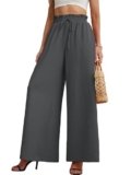 Heymoments Women’s Wide Leg Dress Pants with Pockets Grey Medium Lightweight Elastic High Waisted Adjustable Tie Knot Flowy Loose Slacks Lounge Casual Ladies Beach Pleated Trousers