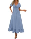 BTFBM Womens Summer Dresses 2025 Casual Short Sleeve V Neck Drawstring Wedding Guest Maxi Dresses Boho Beach Long Dress (Blue,Small)