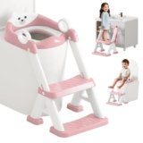 Potty Training Seat,Non Slip Foldable Toilet Training Seat with Soft Cushion, Comfortable HandlesUpgrade Toddler Toilet Seat for Kids Boys Girls,Potty Training Toilet Seat with Step Stool Ladder,Pink