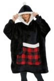 Bupekbee Wearable Blanket Hoodie with Giant Pocket, Soft Warm Sherpa Fleece Oversized Blanket Sweatshirt Gifts for Women Men (Black Grid, One Size Fits Most)