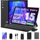 Tablet 10 Pollici Android 15 con Gemini AI, 30GB RAM 128GB ROM+2TB Esp., Octa-Core, WiFi 6 BT 5.0, Widevine L1, Batteria 8000mAh, Fotocamera 8/5 MP, Tastiera Mouse Custodia, Corpo in Metallo – Nero