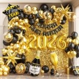 New Years Decorations 2026, New Year Balloon Arch with Black Gold Confetti Balloons 2026 Number Balloons New Year Banner for Eve Party Supplies Nye Decorations
