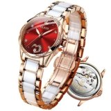 OLEVS Watch Women Red Watches for Women Rose Gold Ladies Automatic Watch Red Face Mechanical Womens Watches with Date Self Winding Elegant Waterproof Ceramic Dress Women’s Wristwatch with Heart Reloj de Mujer