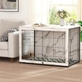 Megidok Wooden Dog Crate Furniture with Cushion,Large Dog Crate End Table with Tray, Double Doors Kennels Indoor (43.1″ L*28.6″ W*30.3″ H, Marble White)