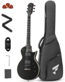 FLP350 Electric Guitar, 39″ Solid Body Electric Guitar, Electric Guitar Kit with Dual Humbuckers, Mahogany Neck, Matte Finish, 22 Frets, Purpleheart Fingerboard, Gig Bag, Strap, Cable & Picks, Black