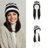 Benehair Beanie Wig Hair Extensions, Knitted Hats with Synthetic Bob Wig Hairpieces for Women Winter, 11 Inch Short Straight Dark Brown Hair with Black & White Stripe Beanie
