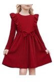 Arshiner Ragazze Abito Foglia di Loto Manica Bambini Casual Papillon Linea A Festivo Autunno Inverno Maniche Lunghe Abito per Bambine 6-7 Anni Rosso Scuro