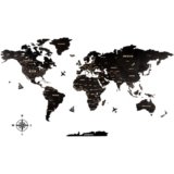 Creawoo Mappa del Mondo in Legno da Parete Decorazione, Nero Mappamondo in Legno Parete Puzzle Arte per Soggiorno, Ufficio, Camera Decorazione -200×114 CM