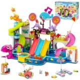HOGOKIDS Friends Water Park Building Set, 911PCS Summer Fun Party Toy with 5 Water Slides, Creative Swimming Pool Block with Diving Platform & Bike Cart, Pretend Play Gift for Girls Boys Kid Age 8-12+