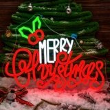 Merry Chritmas Neon Sign Holly Berries LED Neon Light with USB Power Xmas Text Light Up Sign for Christmas Decor Holiday Party Decorations of Living Room Window Display