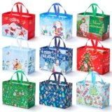 EQOREIIN Christmas Gift Bags 18 Pack – Non-Woven Reusable Holiday Gift Bags with Handles, Jumbo Xmas Tote Bags for Christmas Party, Gift Wrapping, New Year Favors & Decorations (12.8×9.8×6.7 Inches)