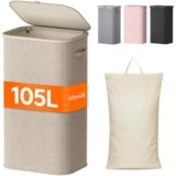 Lifewit Cesto Portabiancheria, Cesta Panni Sporchi con coperchio, Laundry Basket con Plastica Manici, Porta Biancheria Sporca per Bagno, Lavanderia, Camera da Letto, 105 L, Beige