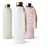 MAMEIDO Bottiglia acqua 1 litro, Borraccia plastica tritan a tenuta stagna, senza BPA, bottiglia motivazionale con orario (Frosted White Gold)