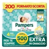 Pampers Baby Dry Maxi, Taglia 4 (7-18 kg), Formato Scorta, Barriere Anti-Fuoriuscite, Più Asciutto Fino a 12h, Linguette Rinforzate e Avvolgenti, 200 Pannolini Bambino + 500 Punti Omaggio