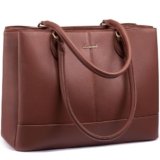 LOVEVOOK Laptop Tote Bag for Women, 15.6 Inch PU Leather Work Tote Bag with 3 Compartments, Large Capacity Waterproof Computer Bag for Office Travel-Brown