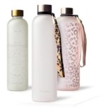MAMEIDO Bottiglia acqua 1 litro, Borraccia plastica tritan a tenuta stagna, senza BPA, bottiglia motivazionale con orario (Rosé Quartz)