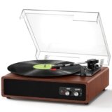 Giradischi Vinili, FYDEE Giradischi Bluetooth Portatile con Altoparlanti Integrati, 3 Velocità 33/45/78 Giri, Lettore Vinile Vintage (Trasmettitore e Ricevitore), RCA/AUX – Marrone Scuro