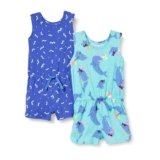 Amazon Brand – Spotted Zebra Girls’ Knit Sleeveless Rompers, 2-Pack Dolphins/Blue Wiggle, Medium