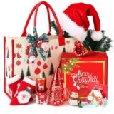Christmas Gift baskets for Women, Christmas Gift Sets for Mom, Her, Wife, Girlfriend, Care Package for Women, Birthday Unique Gifts, Holiday Gifts Basket with Canvas Tote Bag Sock Tumbler Flower