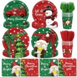 Gupesxu 144Pcs Christmas Paper Plates and Napkins Disposable Gnome Snowman Christmas Dinnerware Set Red Green Xmas Dinner Plates Napkins Cups for Holiday Party Supplies Serves 24