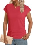 GKBK Womens T Shirts O Neck Short Cap Sleeve Cotton Tops Summer Ruched Trendy Basic Tee Shirt Red M