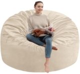 SIMFLAG 4FT Bean Bag Chair, Large Bean Bag Chairs with Memory Foam Filled, Fluffy Beanbag Sofa with Dutch Velvet Cover, Round BeanBag Chairs for Living Room, Playroom – Dark Beige
