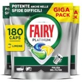 Fairy Platinum Detersivo Pastiglie Lavastoviglie Brillantante, 180 Capsule Lavastoviglie, Limone, con Sistema Di Prelavaggio Integrato, Efficace nelle Sfide Difficili Contro lo Sporco
