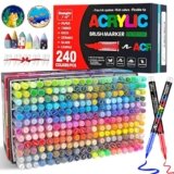VAKKI Pennarelli Acrilici, 240 Colori Pennarelli Acrilici Acrylic Marker Brush pen per Dipingere Sassi, Tessuti, Metallo, Vetro, Legno, Tela, Ceramica, Plastic, pennarelli per colorare adulti