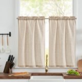 TOPICK Tende a righe in lino con strisce, opache, per cucina, sala da pranzo, bagno, piccola finestra, 65 x 90 H (cm) marrone su beige