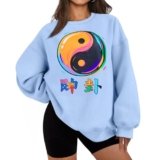 FREEYE Oversized Yin Yang Graphic Sweatshirt Positive Energy & Good Luck Pullover Women’s Casual Crewneck for Balance, Abundance Mindset Zen Streetwear Blue L