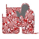 Red and White Christmas Candy Cane Oven Mitts and Pot Holders Set of 4 Silicone Heat Resistant Oven Mitten Potholders Non Slip Gloves Kitchen Decor for BBQ Cooking Grilling Baking