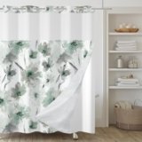 Yanutan No Hook Shower Curtain,Green Gray Floral Double-Layered Shower Curtain with Snap-in Liner and Weights,Green Grey Flower Fabric Bath Curtain with See Through Mesh, 71x74in