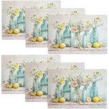 Farmhouse Lemon Placemats Set of 6 Flowers Vase Table Mats Decor Country Floral Lemons Place Mats Imitation Linen Heat Resistant Tablecloth for Dining Decoration Kitchen Party Restaurants 12”x18”