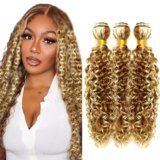 Blonde Bundles Human Hair Water Wave Bundles 14 16 18 Inch Unprocessed Brazilian Virgin Hair P30/613 Highlight Brown Water Wave 3 Bundle Human Hair Extensions 50 Gram Per Bundle
