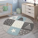 Paco Home Tappeto Per Bambini Colori Pastello Quadri Punti Cuori Stelle Bianco Grigio Blu, Dimensione:Ø 160 cm tondo