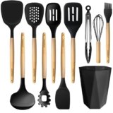 FINENUT Silicone Cooking Utensils Set 11PCS -BPA-Free&Non-Toxic 446°F Heat Resistant,Wooden Handle Kitchen Tools for Nonstick Cookware,Heat Resistant&Scratch-Proof Includes Spatula/Turner/Ladle(Black)