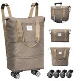 WOOMADA Expandable Foldable Rolling Duffel Bag with Wheels, Detachable Rolling Backpack Weekend Bag for Travel, Business, Camping, Gift for Parents, Spouse(khaki checkerboard)