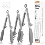 FINENUT Stainless Steel&Silicone Food Tongs Set of 3 (9+9+12 Inch) – BPA-Free&Heat Resistant Non-Scratch BBQ&Cooking Tools,Strong Grip Locking for Grilling,Pasta,Air Fryer,Salad,Dishwasher Safe