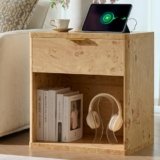 Awescuti Burl Finish Nightstand with Charging Station – Farmhouse Bedside Table with USB & 2 Outlets, Night Stand with Drawer and Large Open Shelf, Vintage Dresser for Bedroom, 1 Drawer