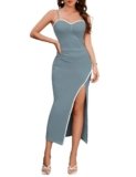 Dressystar Womens Bodycon Maxi Ribbed High Slit Dress 2025 Party Night Out Spaghetti Strap Sleeveless Embroidery Dresses Grey Blue XL